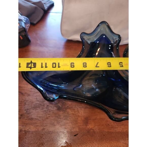 Swan Swirl Bowl/Dish Centerpiece Vintage Blue/Orange Art Glass Large - Picture 10 of 11